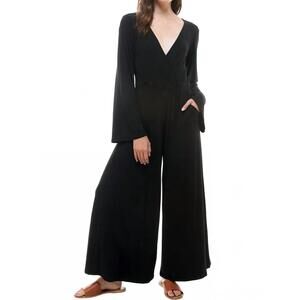 NEW LOVING PEOPLE v-neck bell long sleeve wide leg jumpsuit in black